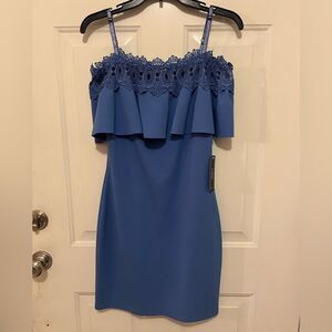 A. BYER Blue Ruffled Short Off Shoulder Above The Knee Party Dress